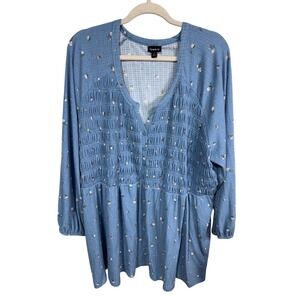 Torrid Blue Floral Smocked Henley Long Sleeve Tunic Top Womens Size 4